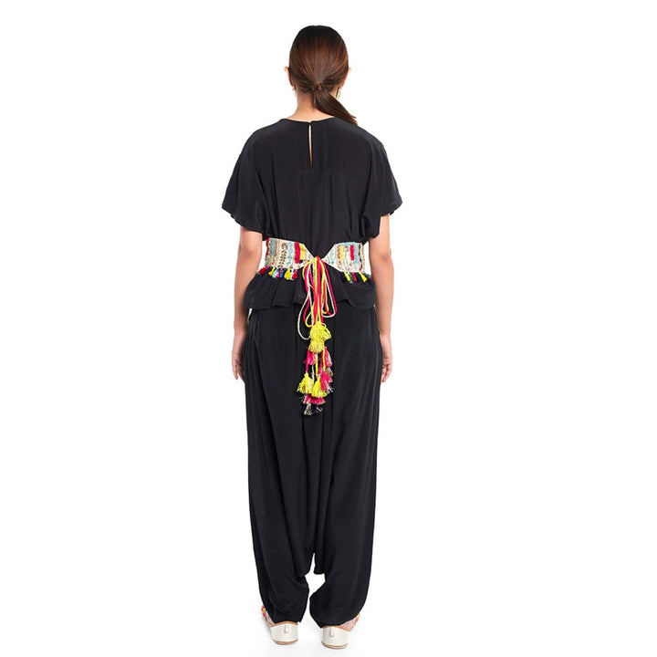 Payal Singhal Black Kaftaan Top And Low Crotch Pant With Mask And Tie-Up Belt (Set Of 4)