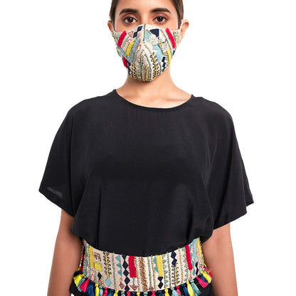 PS Pret by Payal Singhal Black Kaftan Top And Low Crotch Pant With Mask And Tie-Up Belt (Set of 4)