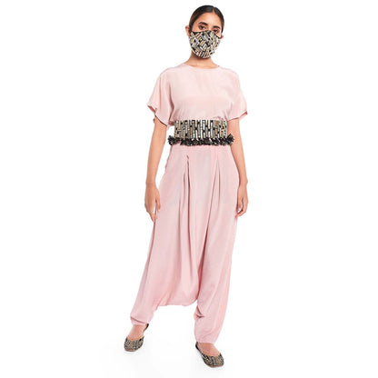PS Pret by Payal Singhal Blush Kaftan Top And Low Crotch Pant With Black Mask And Tie-Up Belt (Set of 4)