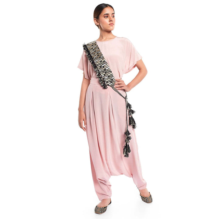 Payal Singhal Blush Kaftaan Top And Low Crotch Pant With Black Mask And Tie-Up Belt (Set Of 4)