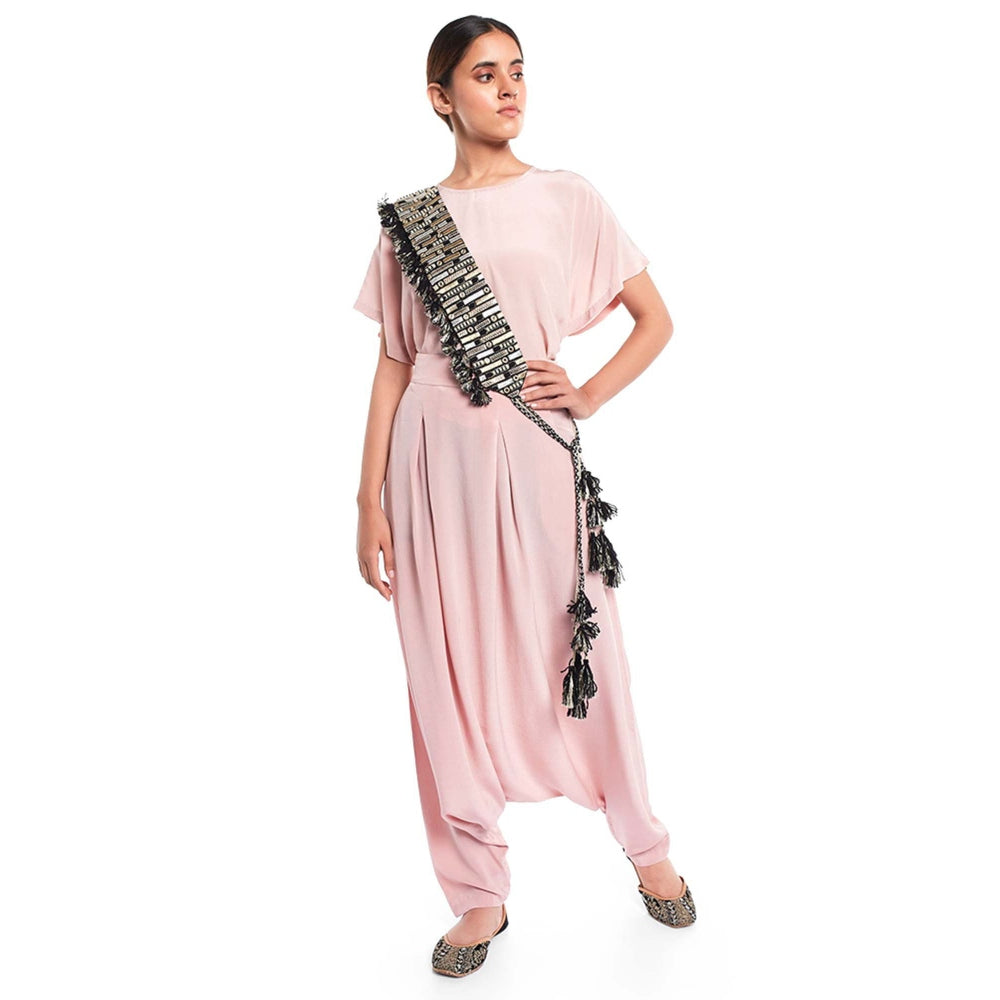 PS Pret by Payal Singhal Blush Kaftan Top And Low Crotch Pant With Black Mask And Tie-Up Belt (Set of 4)