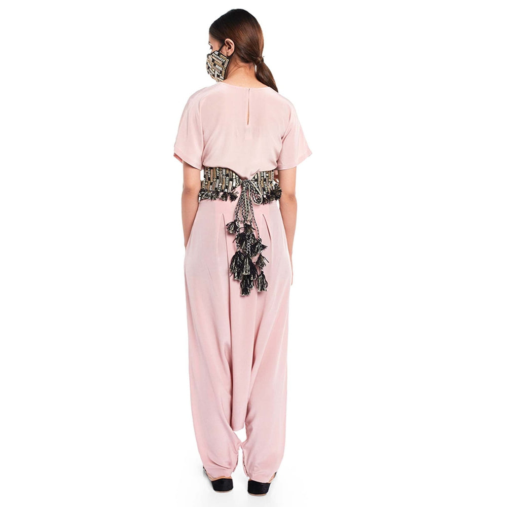 PS Pret by Payal Singhal Blush Kaftan Top And Low Crotch Pant With Black Mask And Tie-Up Belt (Set of 4)