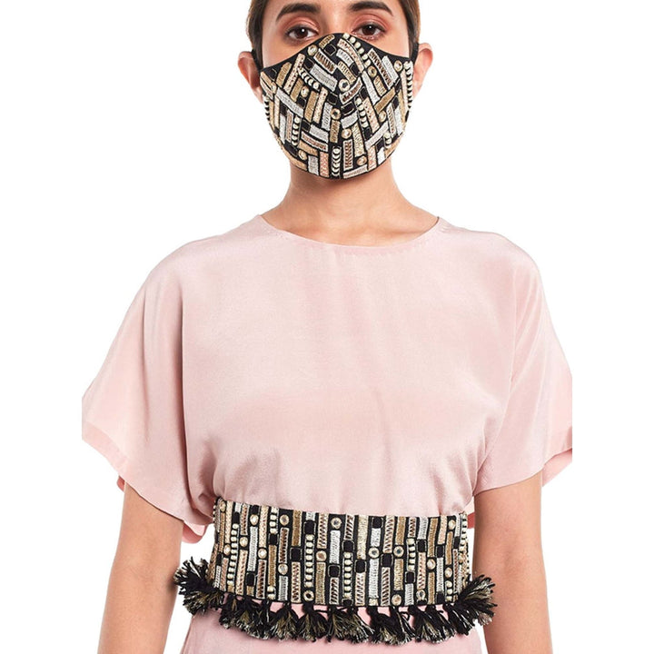 Payal Singhal Blush Kaftaan Top And Low Crotch Pant With Black Mask And Tie-Up Belt (Set Of 4)