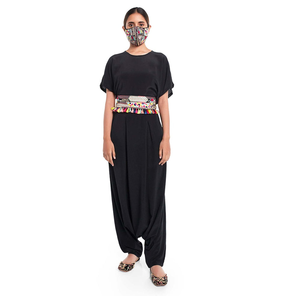 PS Pret by Payal Singhal Black Kaftan Top And Low Crotch Pant With Black Mask And Tie-Up Belt (Set of 4)