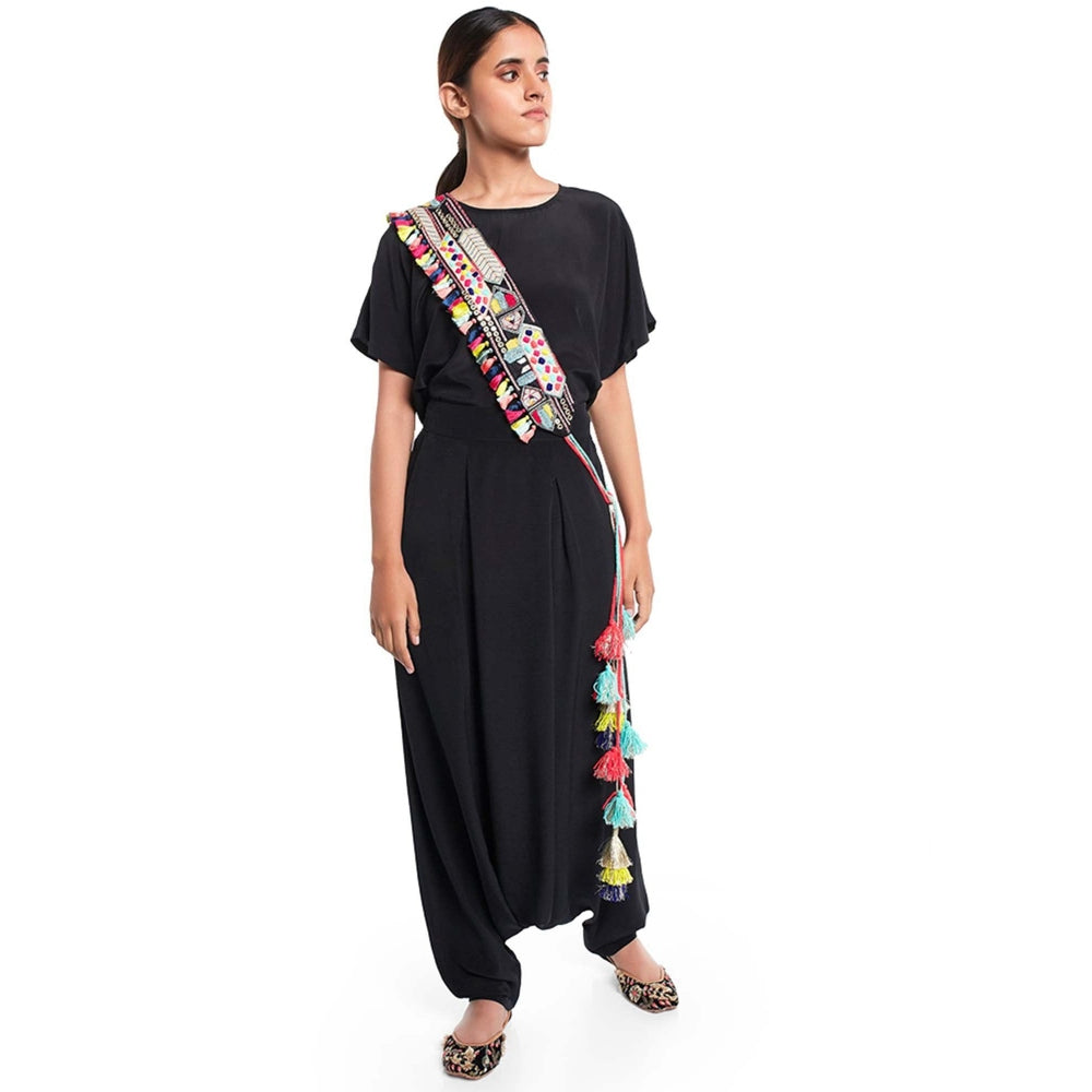 PS Pret by Payal Singhal Black Kaftan Top And Low Crotch Pant With Black Mask And Tie-Up Belt (Set of 4)