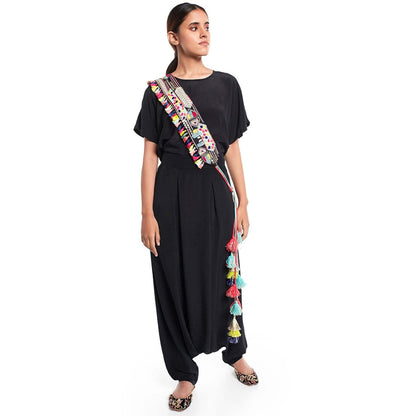 PS Pret by Payal Singhal Black Kaftan Top And Low Crotch Pant With Black Mask And Tie-Up Belt (Set of 4)