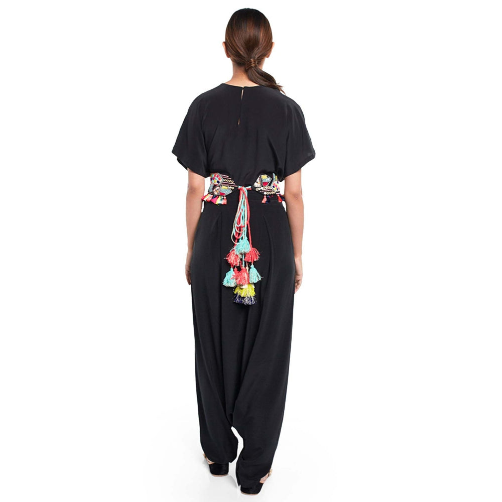 Payal Singhal Black Kaftaan Top And Low Crotch Pant With Black Mask And Tie-Up Belt (Set Of 4)