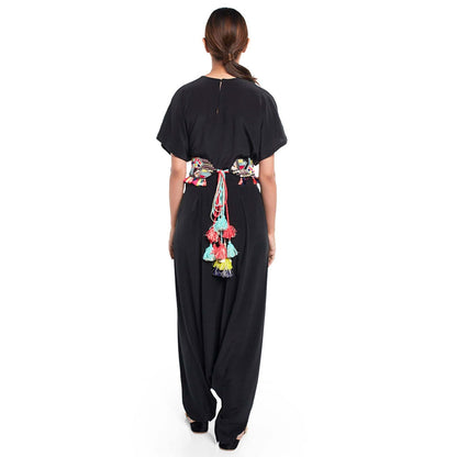 PS Pret by Payal Singhal Black Kaftan Top And Low Crotch Pant With Black Mask And Tie-Up Belt (Set of 4)
