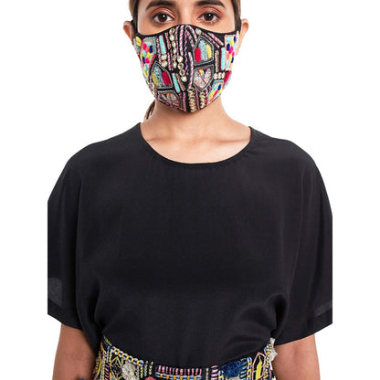 PS Pret by Payal Singhal Black Kaftan Top And Low Crotch Pant With Black Mask And Tie-Up Belt (Set of 4)