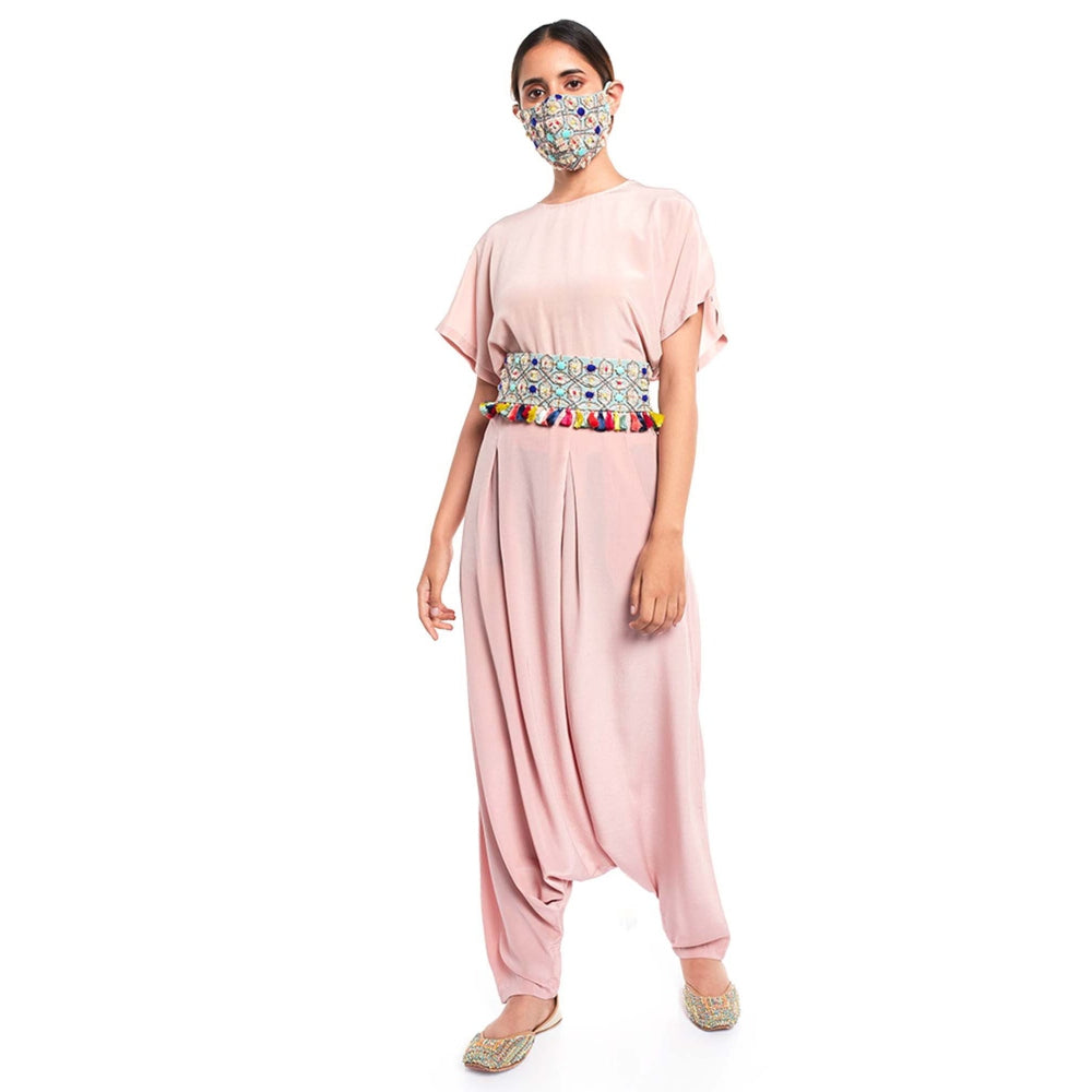 Payal Singhal Short Kaftaan Top And Low Crotch Pant With Mask And Tie Up Belt (Set Of 4)