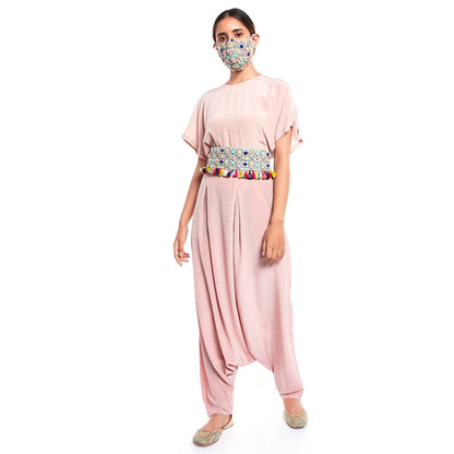 PS Pret by Payal Singhal Short Kaftan Top And Low Crotch Pant With Mask And Tie Up Belt (Set of 4)