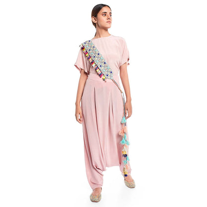 PS Pret by Payal Singhal Short Kaftan Top And Low Crotch Pant With Mask And Tie Up Belt (Set of 4)