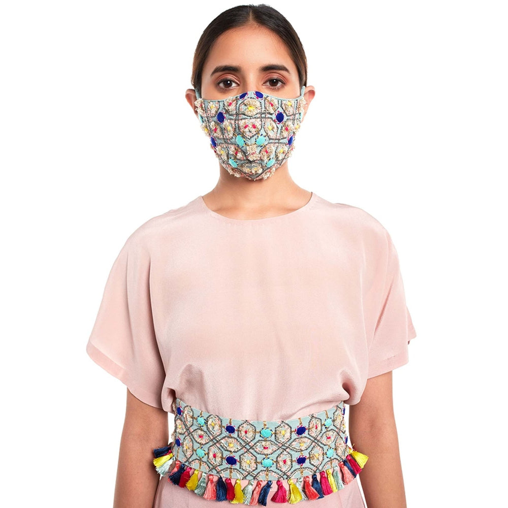 PS Pret by Payal Singhal Short Kaftan Top And Low Crotch Pant With Mask And Tie Up Belt (Set of 4)