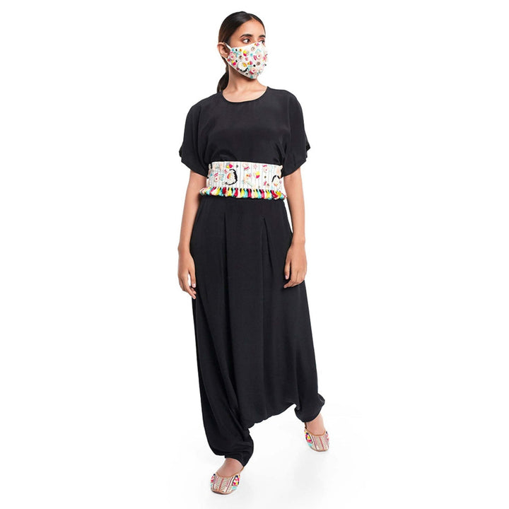 Payal Singhal Black Short Kaftaan Top And Low Crotch Pant With Mask And Tieup Belt (Set Of 4)