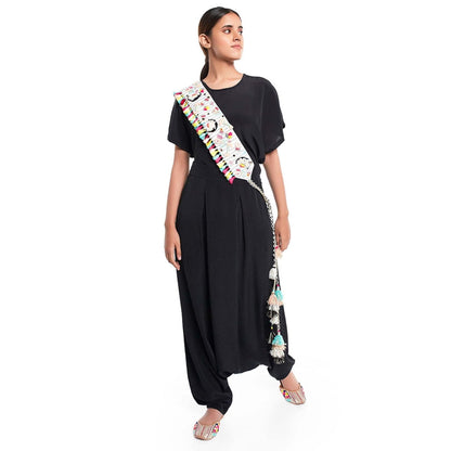 PS Pret by Payal Singhal Black Short Kaftan Top And Low Crotch Pant With Mask And Tie-up Belt (Set of 4)
