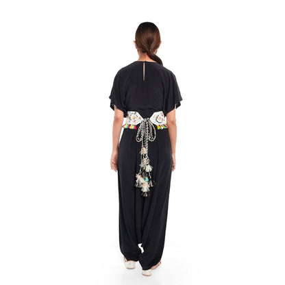 PS Pret by Payal Singhal Black Short Kaftan Top And Low Crotch Pant With Mask And Tie-up Belt (Set of 4)
