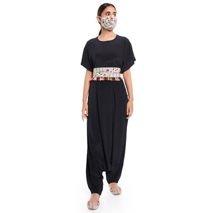 PS Pret by Payal Singhal Short Kaftan Top & Crotch Pant With Embroidered Mask & Tie-up Belt (Set of 4)