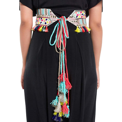 PS Pret by Payal Singhal Short Kaftan Top & Crotch Pant With Embroidered Mask & Tie-up Belt (Set of 4)