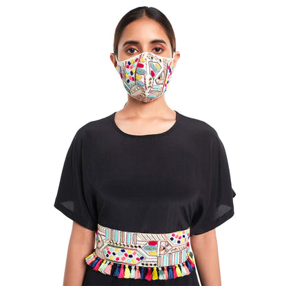 PS Pret by Payal Singhal Short Kaftan Top & Crotch Pant With Embroidered Mask & Tie-up Belt (Set of 4)