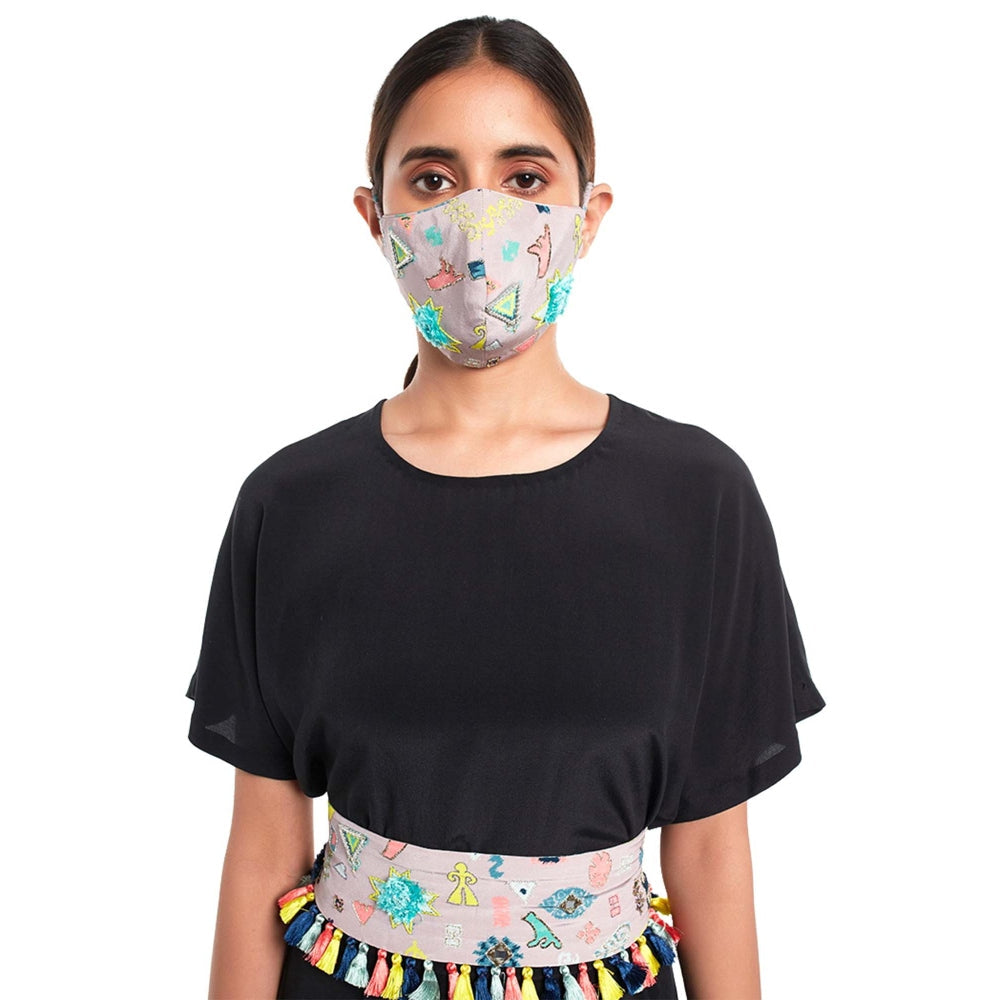Payal Singhal Short Kaftaan Top And Low Crotch Pant With Mask And Tieup Belt (Set Of 4)