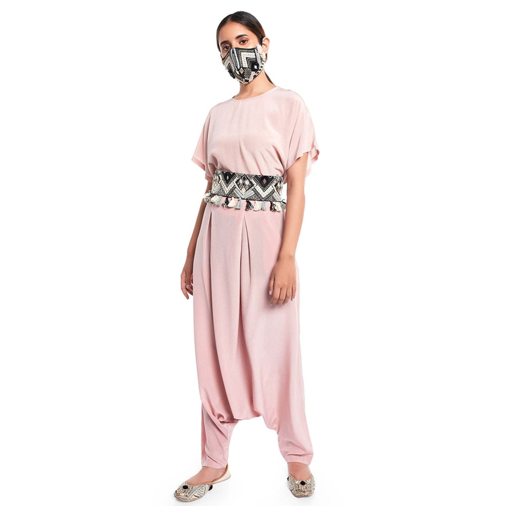 PS Pret by Payal Singhal Short Kaftan Top And Low Crotch Pant With Mask And Tie-up Belt (Set of 4)