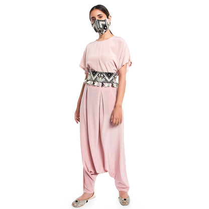 PS Pret by Payal Singhal Short Kaftan Top And Low Crotch Pant With Mask And Tie-up Belt (Set of 4)