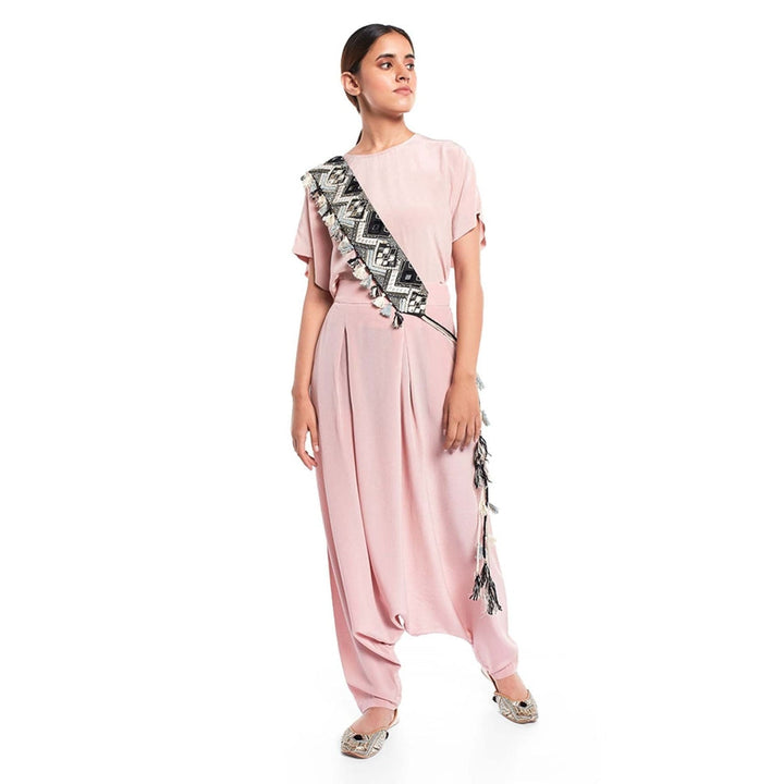 Payal Singhal Short Kaftaan Top And Low Crotch Pant With Mask And Tieup Belt (Set Of 4)