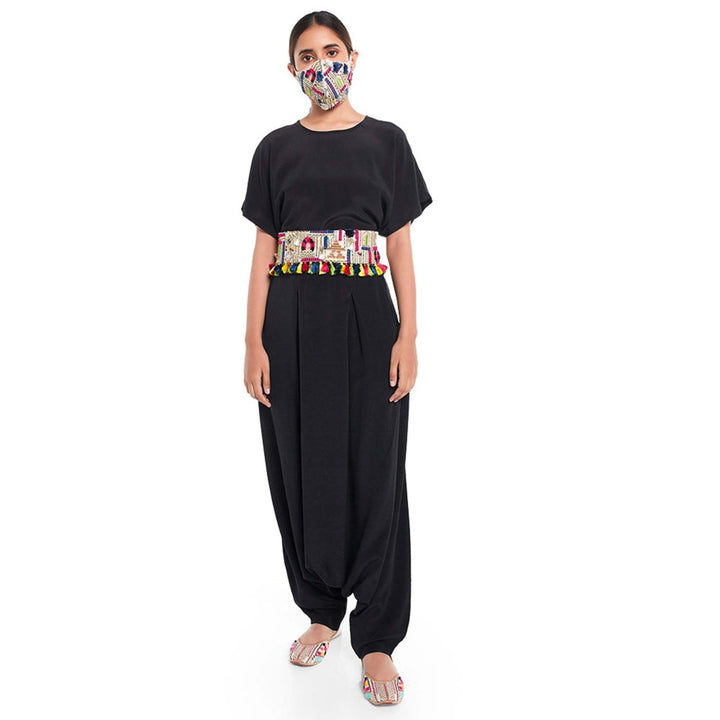 Payal Singhal Short Kaftaan Top And Low Crotch Pant With Dupion Mask And Tie Up Belt (Set Of 4)
