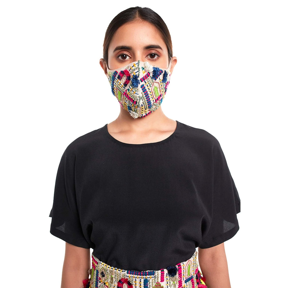 Payal Singhal Short Kaftaan Top And Low Crotch Pant With Dupion Mask And Tie Up Belt (Set Of 4)