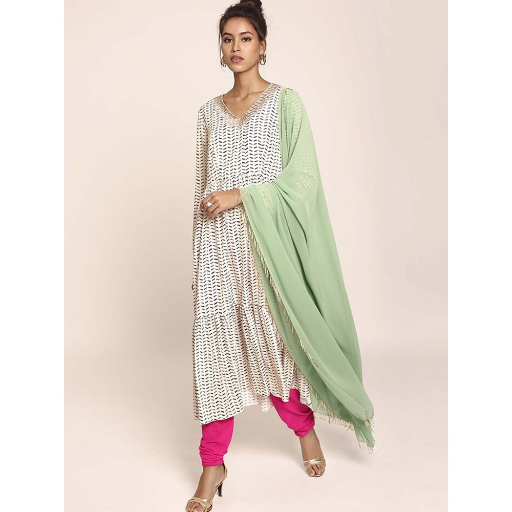 PS Pret by Payal Singhal Printed Kurta with Hot Pink Net Churidar And Green Georgette Dupatta (Set of 3)