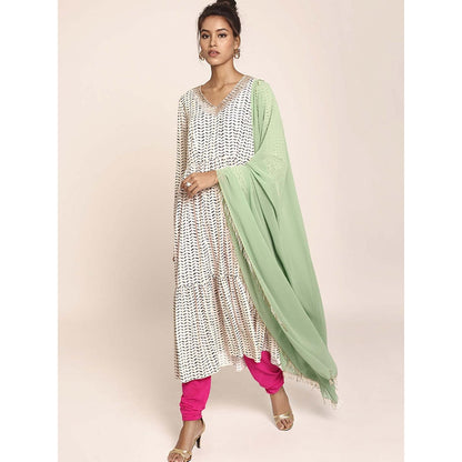 PS Pret by Payal Singhal Printed Kurta with Hot Pink Net Churidar And Green Georgette Dupatta (Set of 3)