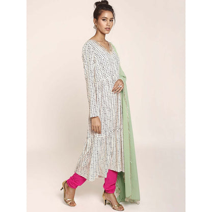 PS Pret by Payal Singhal Printed Kurta with Hot Pink Net Churidar And Green Georgette Dupatta (Set of 3)