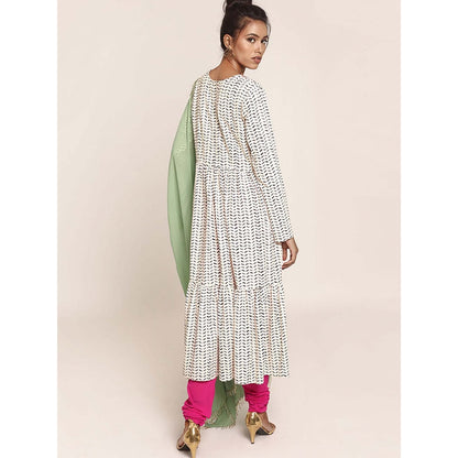 PS Pret by Payal Singhal Printed Kurta with Hot Pink Net Churidar And Green Georgette Dupatta (Set of 3)