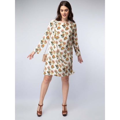 PS Pret by Payal Singhal Cream Printed Crepe Side Cowl Drape Knee Length Dress