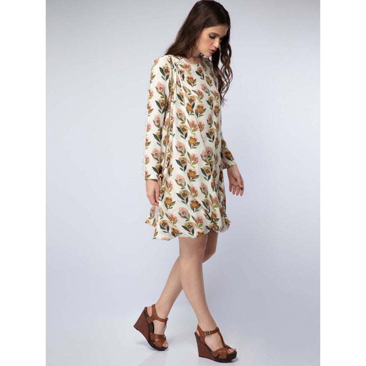 Payal Singhal Cream Printed Crepe Side Cowl Drape Knee Length Dress