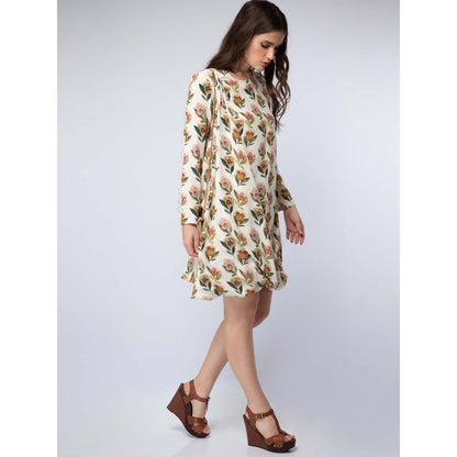 PS Pret by Payal Singhal Cream Printed Crepe Side Cowl Drape Knee Length Dress