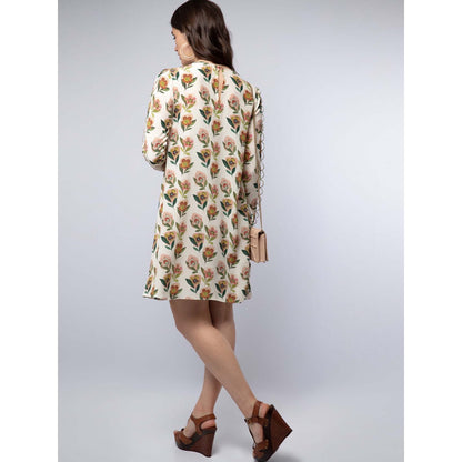PS Pret by Payal Singhal Cream Printed Crepe Side Cowl Drape Knee Length Dress