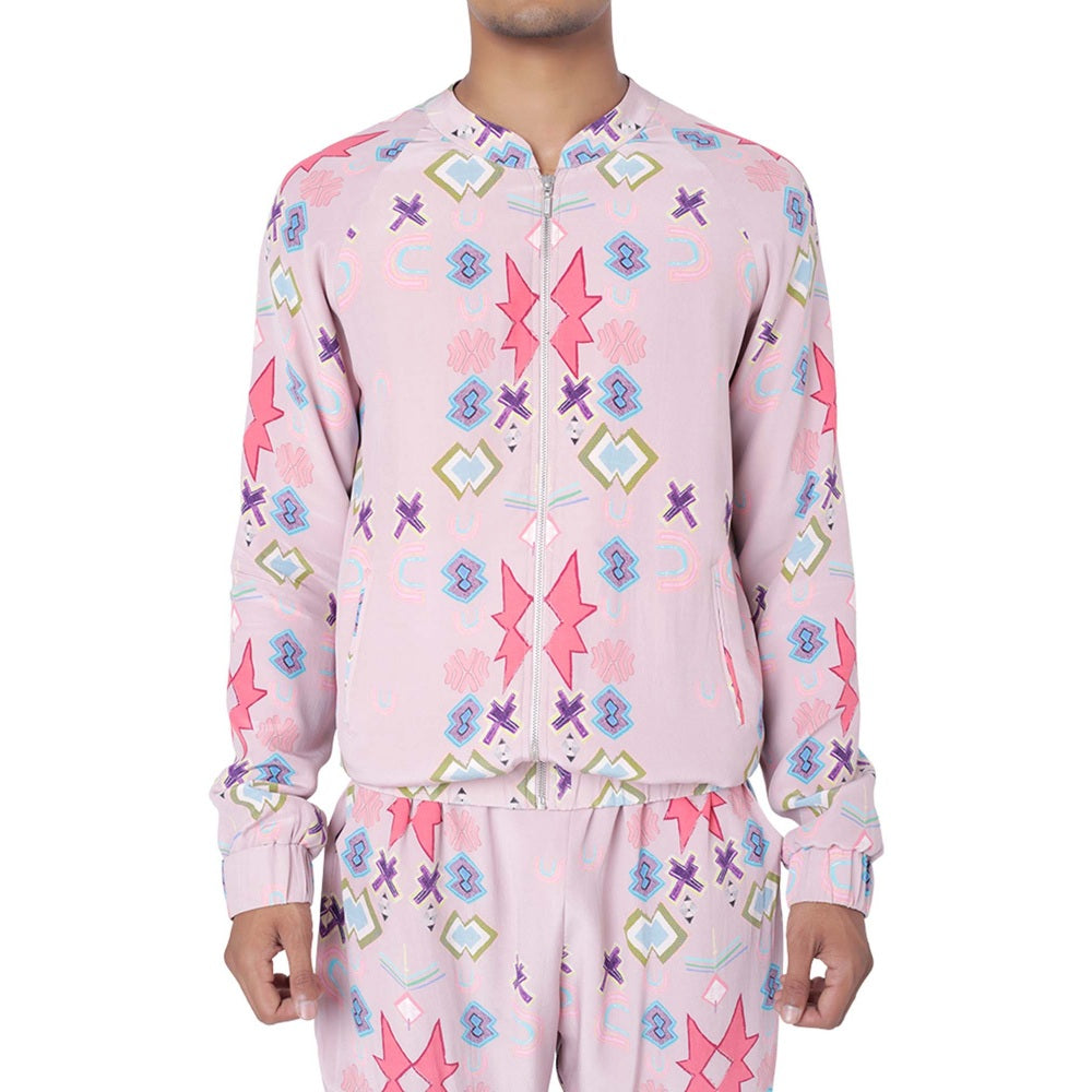 Ps Men By Payal Singhal Pink Printed Bomber Jacket With Jogger Pant - Set Of 2