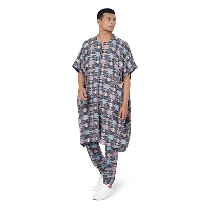 PS Men by Payal Singhal Navy Oversized Kaftaan Top with Jogger Pant-Set of 2