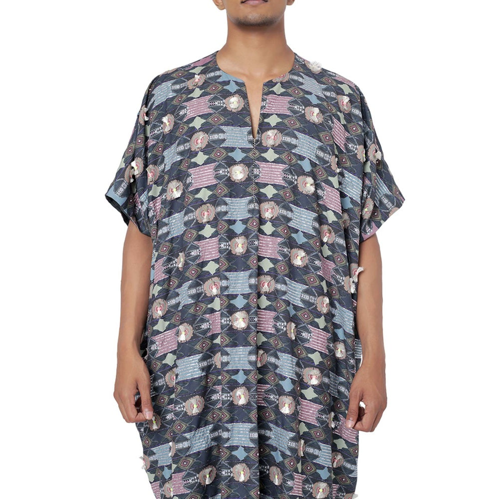 PS Men by Payal Singhal Navy Oversized Kaftaan Top with Jogger Pant-Set of 2