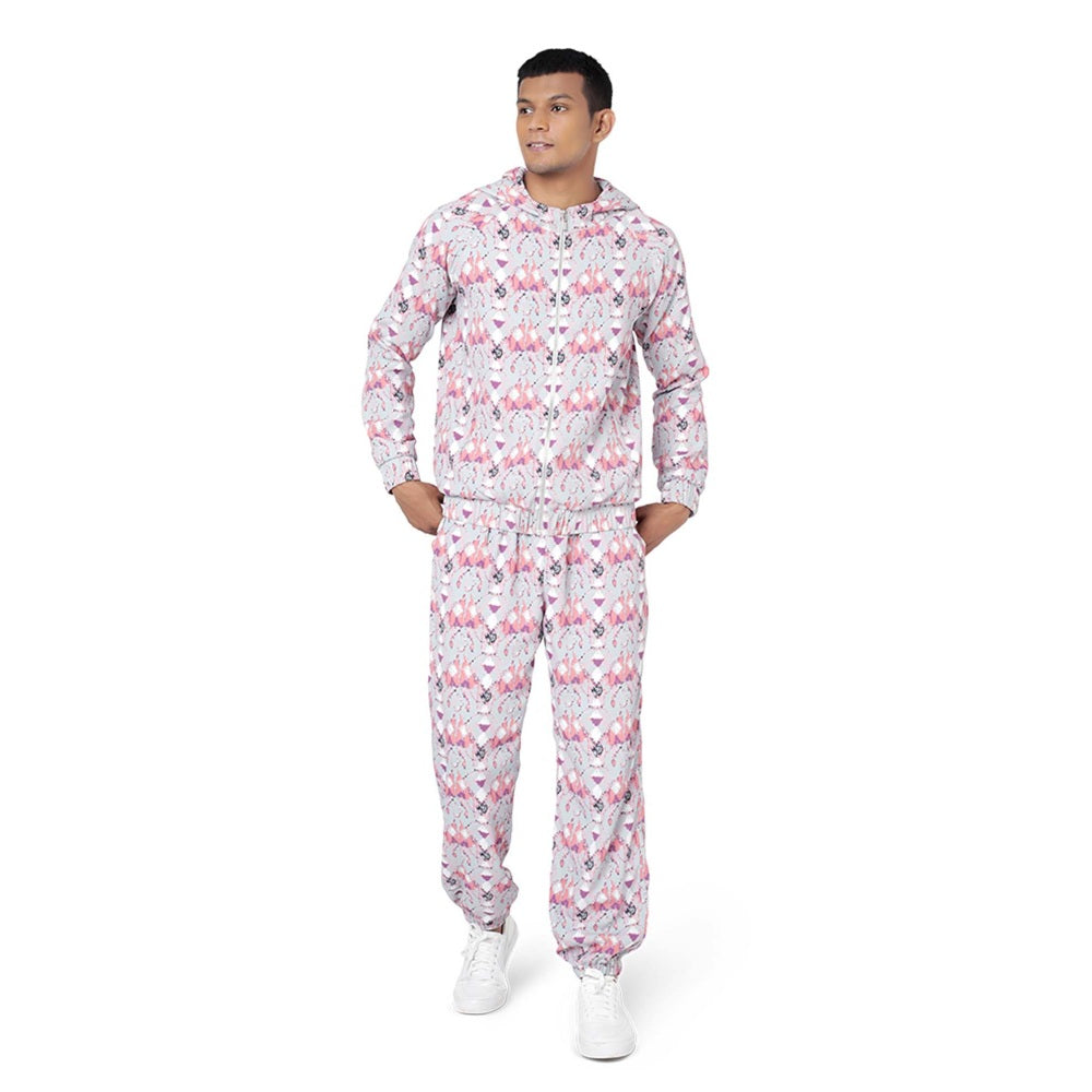 PS Men by Payal Singhal Grey Printed Art Crepe Bomber Jacket with Jogger Pant - Set of 2