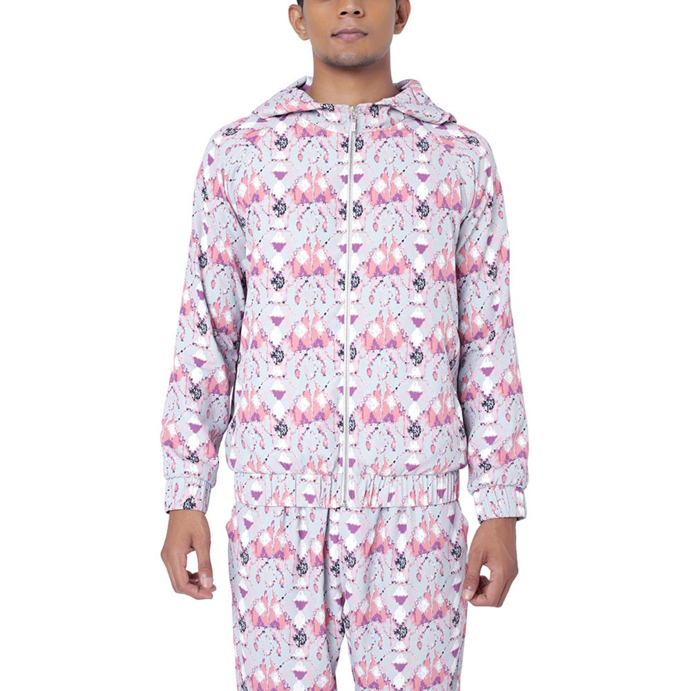 PS Men by Payal Singhal Grey Printed Art Crepe Bomber Jacket with Jogger Pant - Set of 2