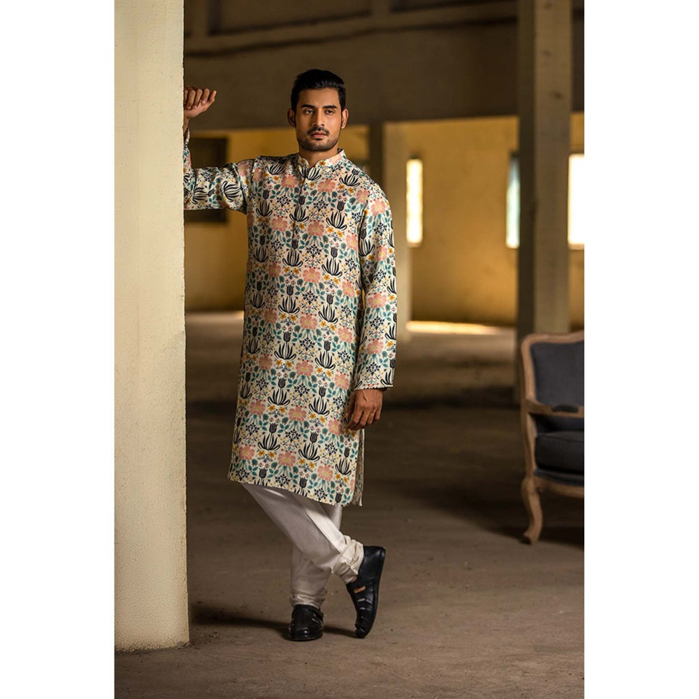 PS Men by Payal Singhal Cream Kurta with Off White Churidar - Set of 2