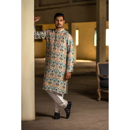 PS Men by Payal Singhal Cream Kurta with Off White Churidar - Set of 2