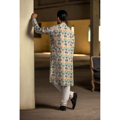 PS Men by Payal Singhal Cream Kurta with Off White Churidar - Set of 2