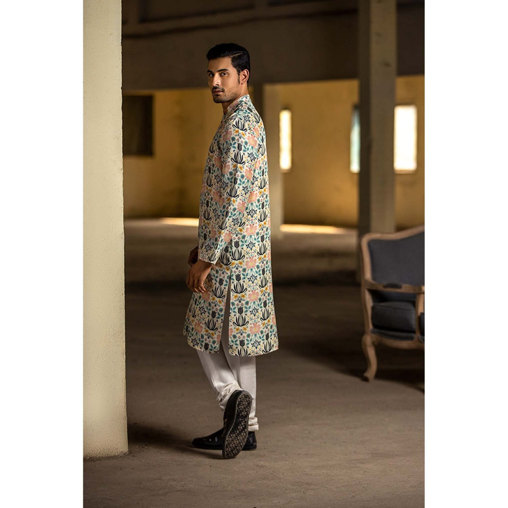 PS Men by Payal Singhal Cream Kurta with Off White Churidar - Set of 2