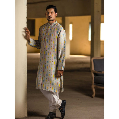 PS Men by Payal Singhal Cream Printed Silk Kurta with Off White Cotton Silk Churidar - Set of 2