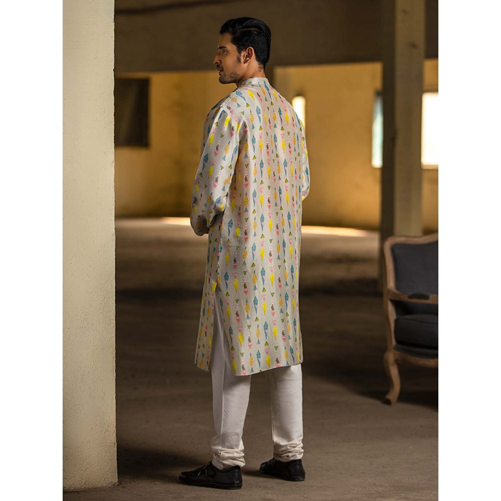 PS Men by Payal Singhal Cream Printed Silk Kurta with Off White Cotton Silk Churidar - Set of 2