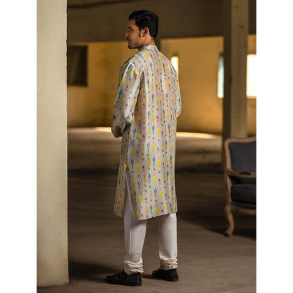 PS Men by Payal Singhal Cream Printed Silk Kurta with Off White Cotton Silk Churidar - Set of 2