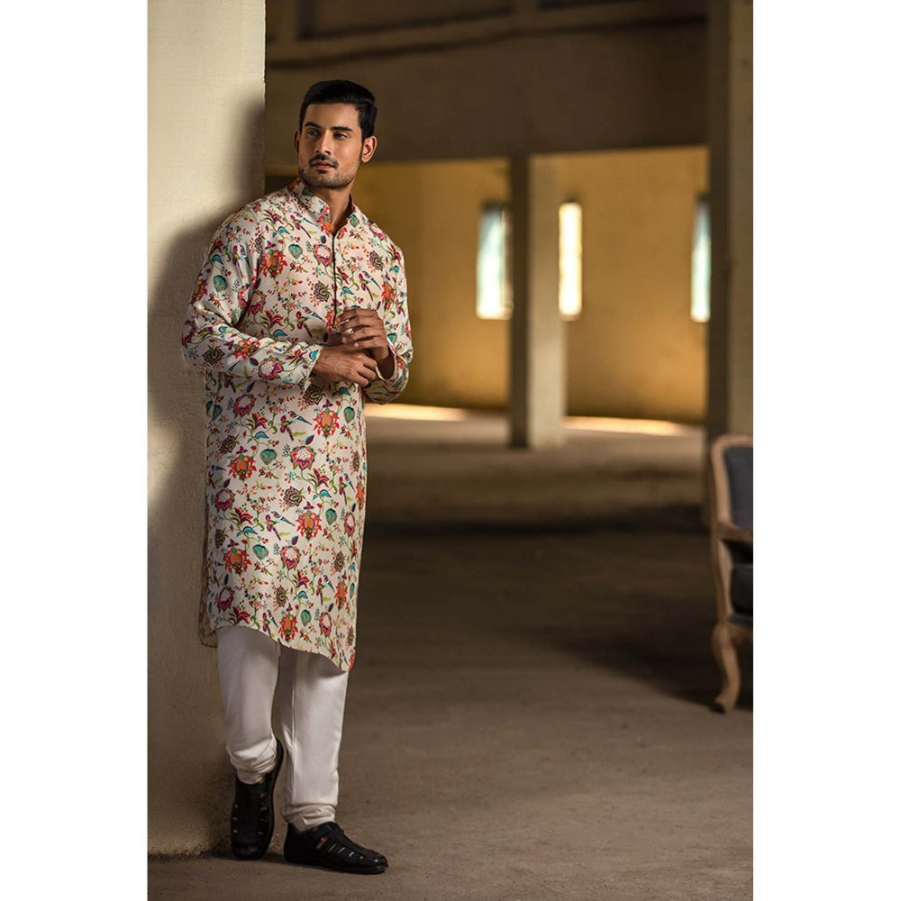 PS Men by Payal Singhal Khaki Kurta with Off White Churidar - Set of 2